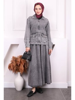 Füme Cep Taşlı Ceket Etekli Kot Takım