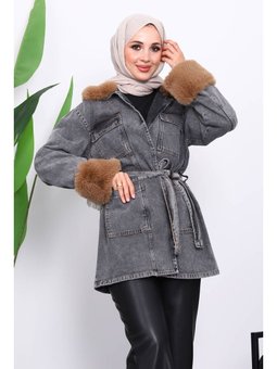 Füme Kol Yaka Kürklü Kot Ceket