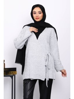 Gri Bel Kuşaklı Simli Hırka