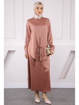 Gül Kurusu Önden Bağlamalı Tunik Etekli Saten Takım
