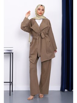 Haki Bel Kuşaklı Keten Kimono Pantolonlu Takım