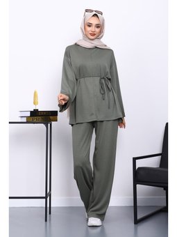 Haki Belden Bağlamalı Pantolon Cepli Modal Takım