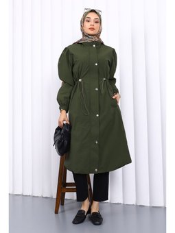 Haki Çıtçıtlı Bel Lastikli Trençkot