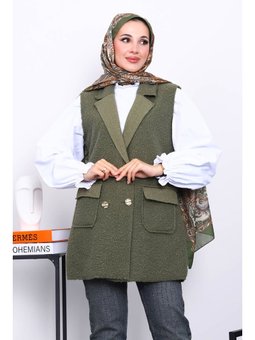 Haki Düğmeli Buklet Yelek