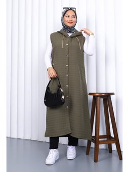 Haki Kapüşonlu Kapitone Uzun Yelek