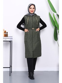 Haki Kapüşonlu Kemerli Kapitone Yelek