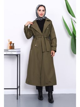 Haki Kravuze Yaka Kuşaklı Astarlı Trençkot