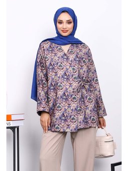 İndigo Etnik Desenli Yan Bağlamalı Kimono Ceket