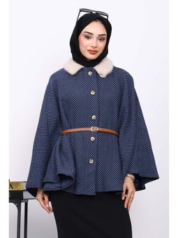 İndigo Yaka Kürklü Kemerli Panço