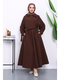 Kahverengi Bel Lastikli Kemerli Trenç Elbise