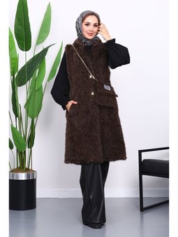 Kahverengi Çanta Hadiyeli Angora Pelüş Kürk Yelek