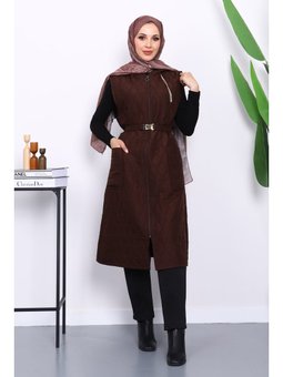 Kahverengi Kapüşonlu Kemerli Kapitone Yelek