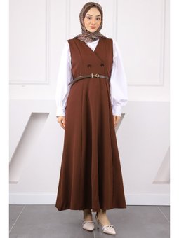 Kahverengi Önü Düğmeli Kemerli Jile Elbise