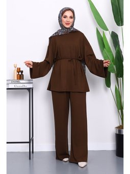 Kahverengi Tunik Pantolonlu Modal Takım