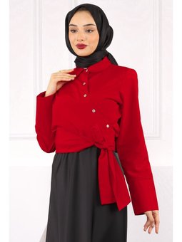 Kırmızı Bel Bağlamalı Crop Gömlek