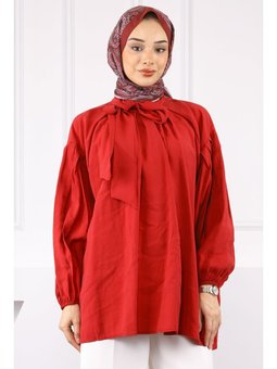 Kırmızı Yaka Detaylı Balon Kol Tunik
