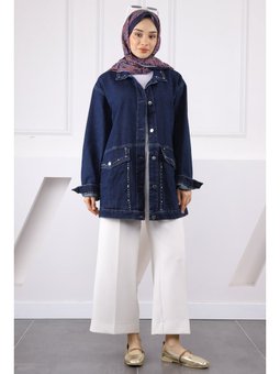 Koyu Mavi Taşlı Kot Ceket