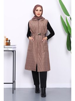 Koyuv Vizon Kapüşonlu Kemerli Kapitone Yelek