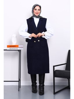 Lacivert Düğmeli Uzun Buklet Yelek