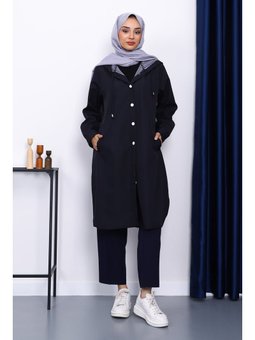 Lacivert Kapüşonlu Düğme Detaylı Trençkot