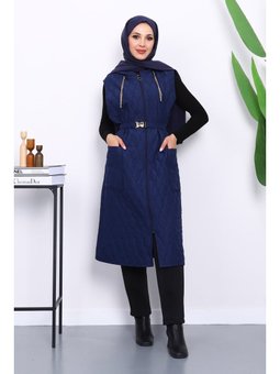 Lacivert Kapüşonlu Kemerli Kapitone Yelek