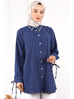 Lacivert Kolu Bağcıklı Yaka Taşlı Linda Tunik