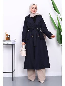 Lacivert Kravuze Yaka Kuşaklı Astarlı Trençkot