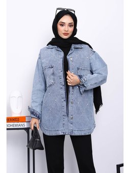 Mavi Taş İşlemeli Kot Ceket