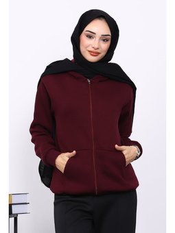 Mürdüm Kanguru Cepli Şardonlu Üç İplik Hırka