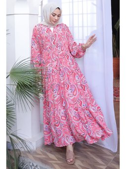 Nar Çiçeği Yarım Düğmeli Eteği Katlı Elbise