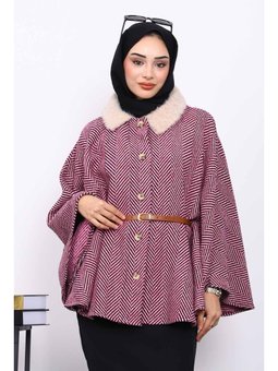 Pembe Yaka Kürklü Kemerli Panço