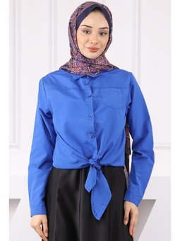 Saks Mavisi Mavi Tek Cepli Ön Bağlamalı Gömlek