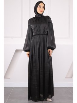Siyah Balon Kol Piliseli Şifon Abiye Elbise