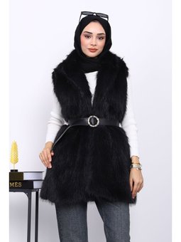 Siyah Bel Kemerli Çift Cepli Kürk Yelek