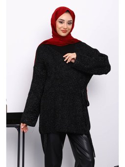 Siyah Bel Kuşaklı Simli Hırka