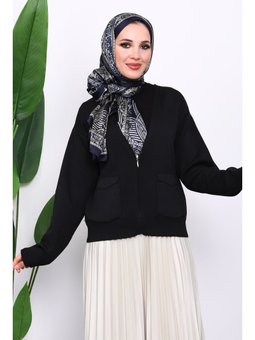 Siyah Çift Cepli Fermuarlı Triko Hırka