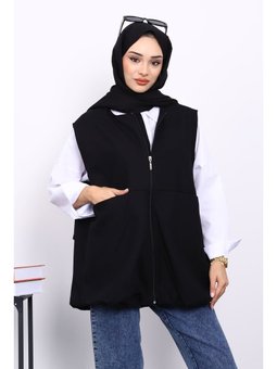 Siyah Fermuarlı Oversize Astarlı Yelek