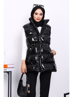 Siyah Fermuarlı Şişme Rugan Yelek