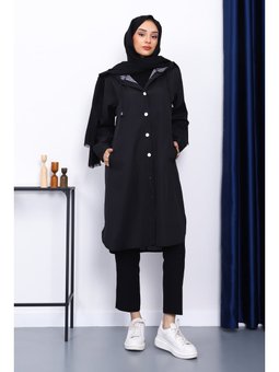 Siyah Kapüşonlu Düğme Detaylı Trençkot