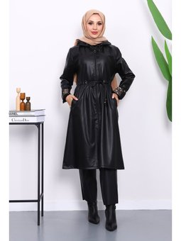 Siyah Kapüşonlu Kolu Katlı Deri Trençkot