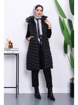 Siyah Kapüşonlu Uzun Şişme Yelek