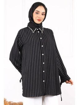 Siyah Kolu Bağcıklı Yaka Taşlı Linda Tunik