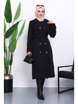 Siyah Kruvaze Yaka Astarlı Trençkot