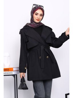 Siyah Kruvaze Yaka Astarlı Trençkot