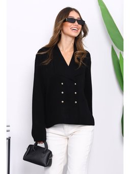 Siyah Kruvaze Yaka Düğmeli Triko Hırka