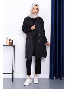 Siyah Kruvaze Yaka Trençkot