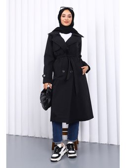 Siyah Kruvaze Yaka Trençkot