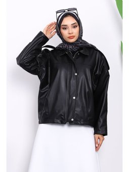 Siyah Omuz Apoletli Deri Ceket