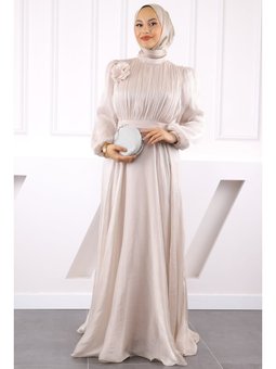 Taş Önü Drapeli Kemerli Şifon Abiye Elbise