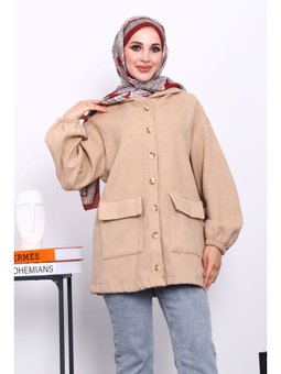 Vizon Kapüşonlu Düğmeli İnce Kaşe Ceket